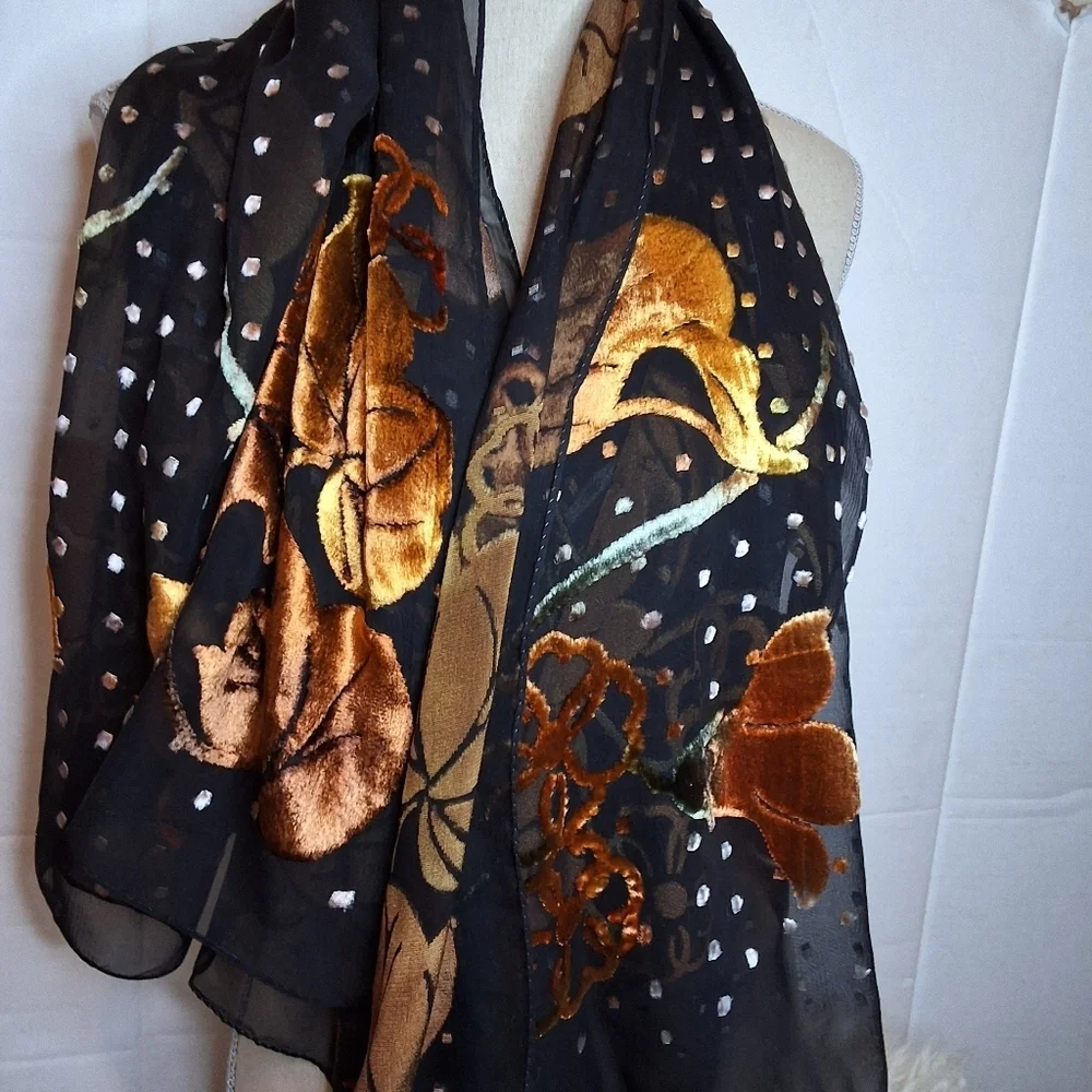 Ginormous Elegant Black and Gold Flocked French  Scarf NWT
